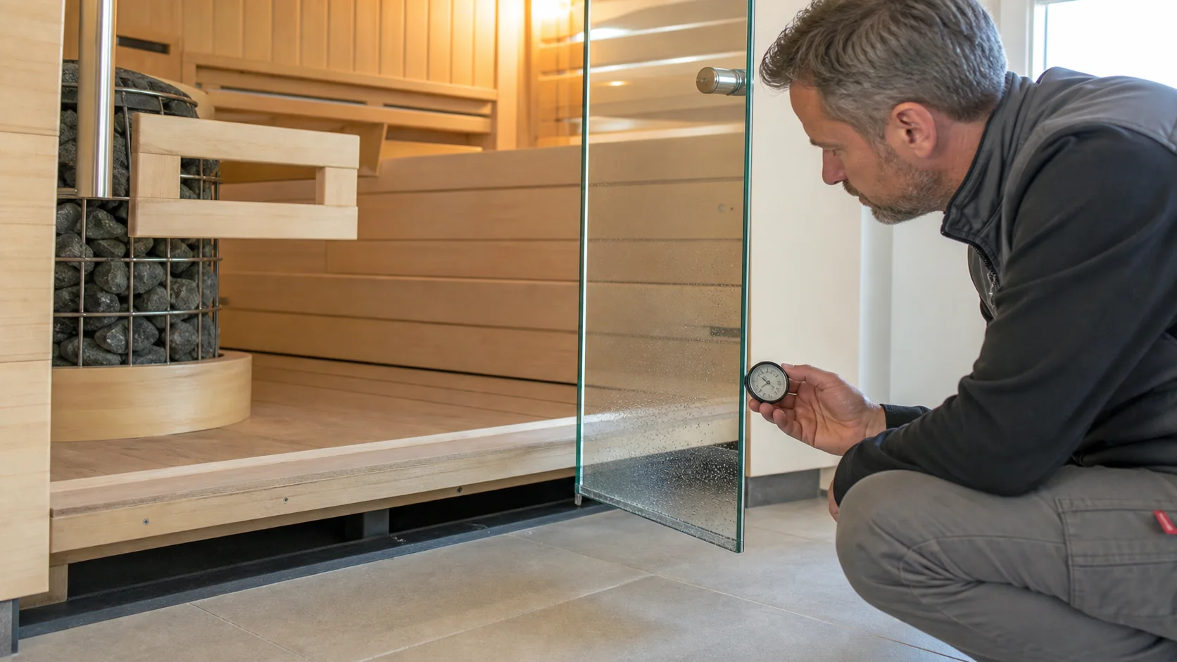 Saunatechniker prüft Kondenswasser am unteren Rand einer geöffneten Glastür und den freien Luftweg einer hellen Holzsauna