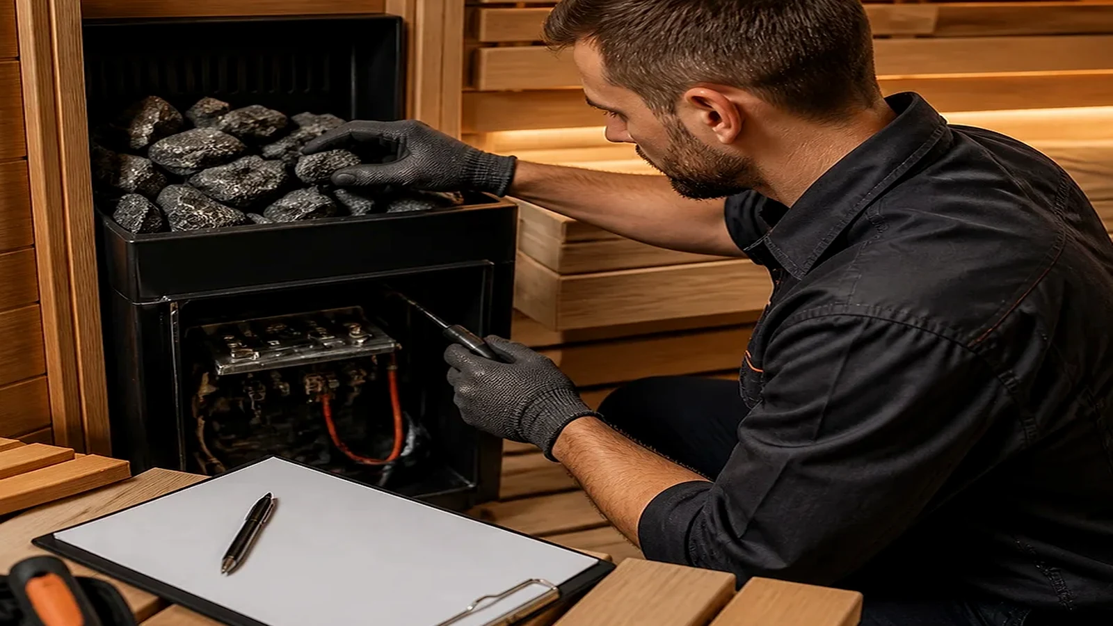 Servicetechniker prueft in einer privaten Holzsauna einen geoeffneten Kombiofen mit integriertem Verdampfer und sichtbarem Steinbereich