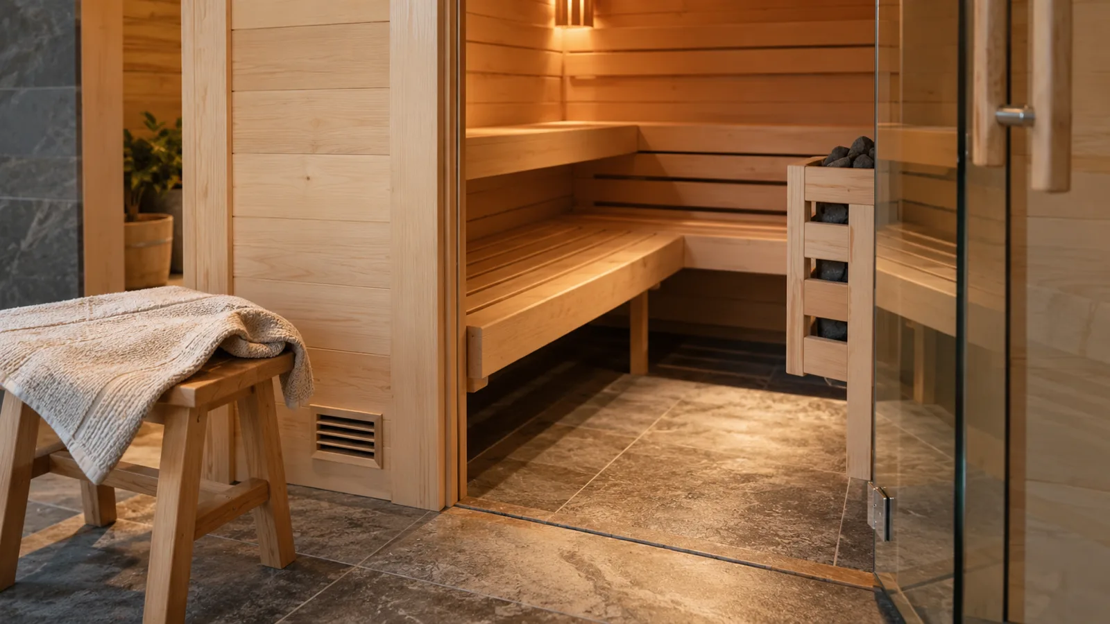 Helle private Sauna mit halboffener Glastür, offener Lüftung und abgelegter Bankauflage nach dem Trocknen