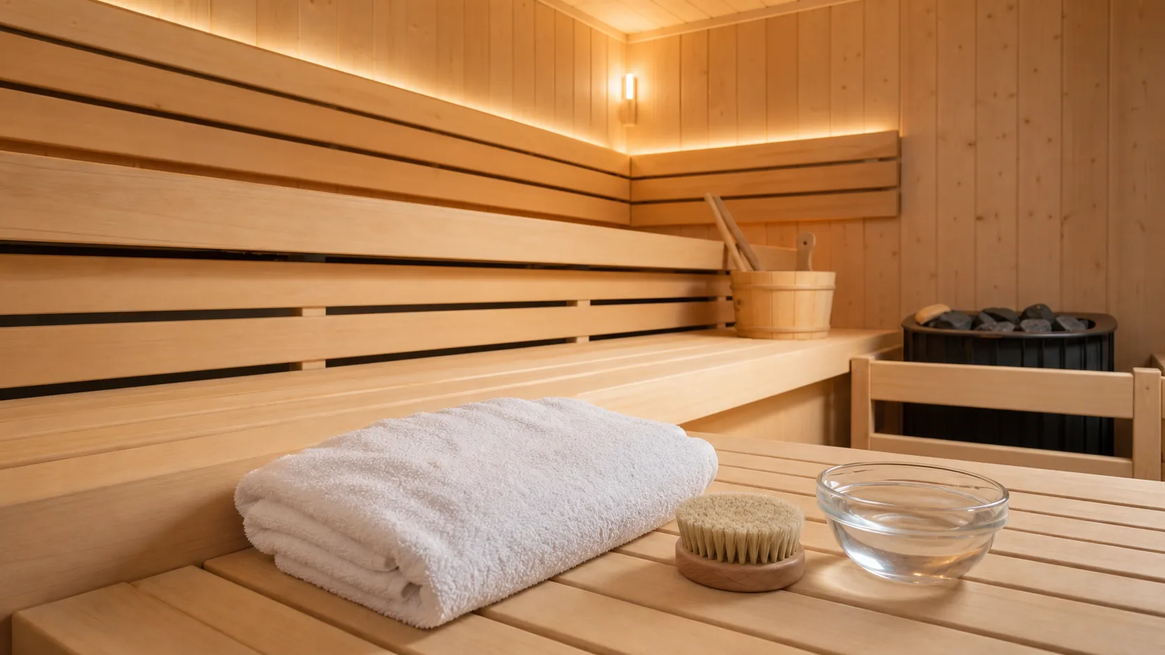 Saunabank aus hellem Holz in einer modernen Heimsauna; vorne liegen ein gefaltetes weißes Handtuch, eine weiche Naturborstenbürste und eine kleine Schale mit klarem Wasser, warmes indirektes Licht
