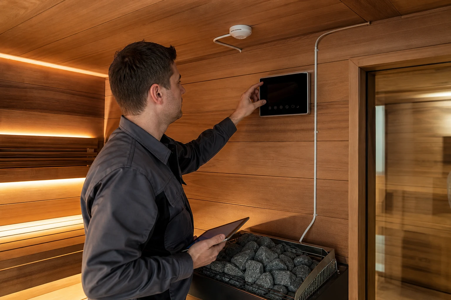 Servicetechniker in einer privaten Holzsauna prüft ein wandmontiertes Sauna-Bedienfeld und den Temperaturfühler über einem elektrischen Saunaofen mit dunklen Steinen