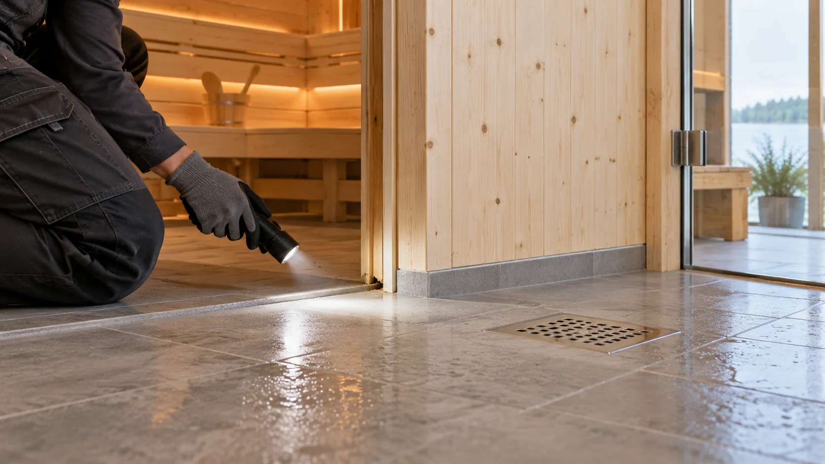 Techniker prüft mit Taschenlampe den trocknenden Fliesenboden und Bodenablauf vor einer hellen Holzsauna