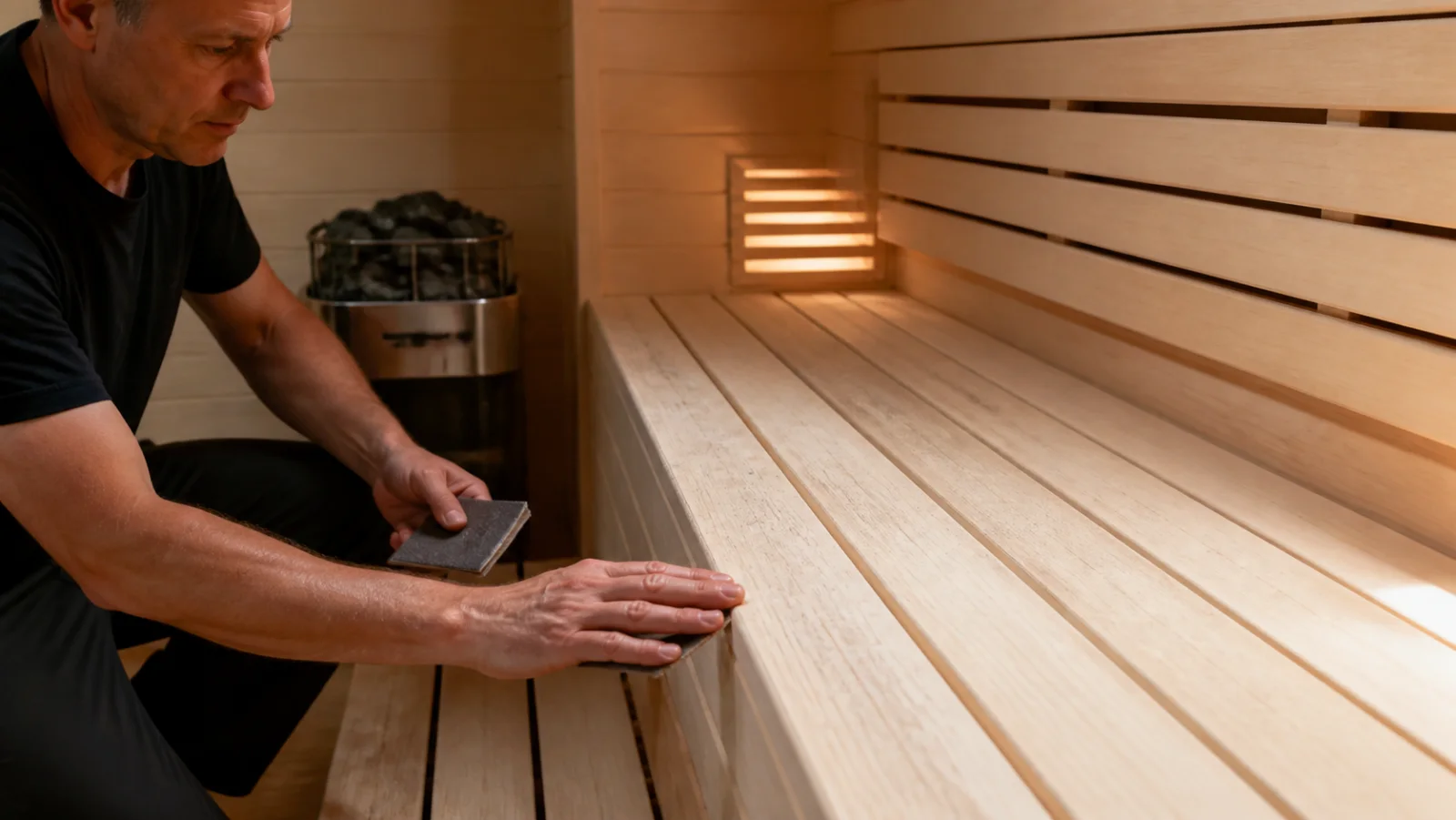 Saunatechniker prüft die raue Oberfläche einer hellen Holzbank mit der Hand und einem feinen Schleifpad