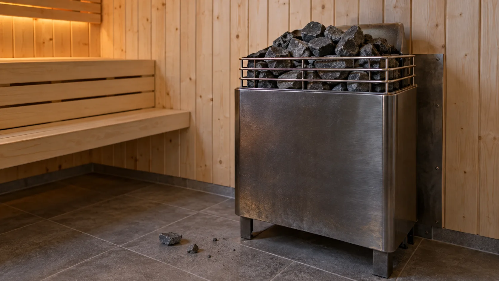 Ausgeschalteter elektrischer Saunaofen mit dunklen Saunasteinen und wenigen Steinfragmenten auf dem Fliesenboden einer hellen Holzsauna