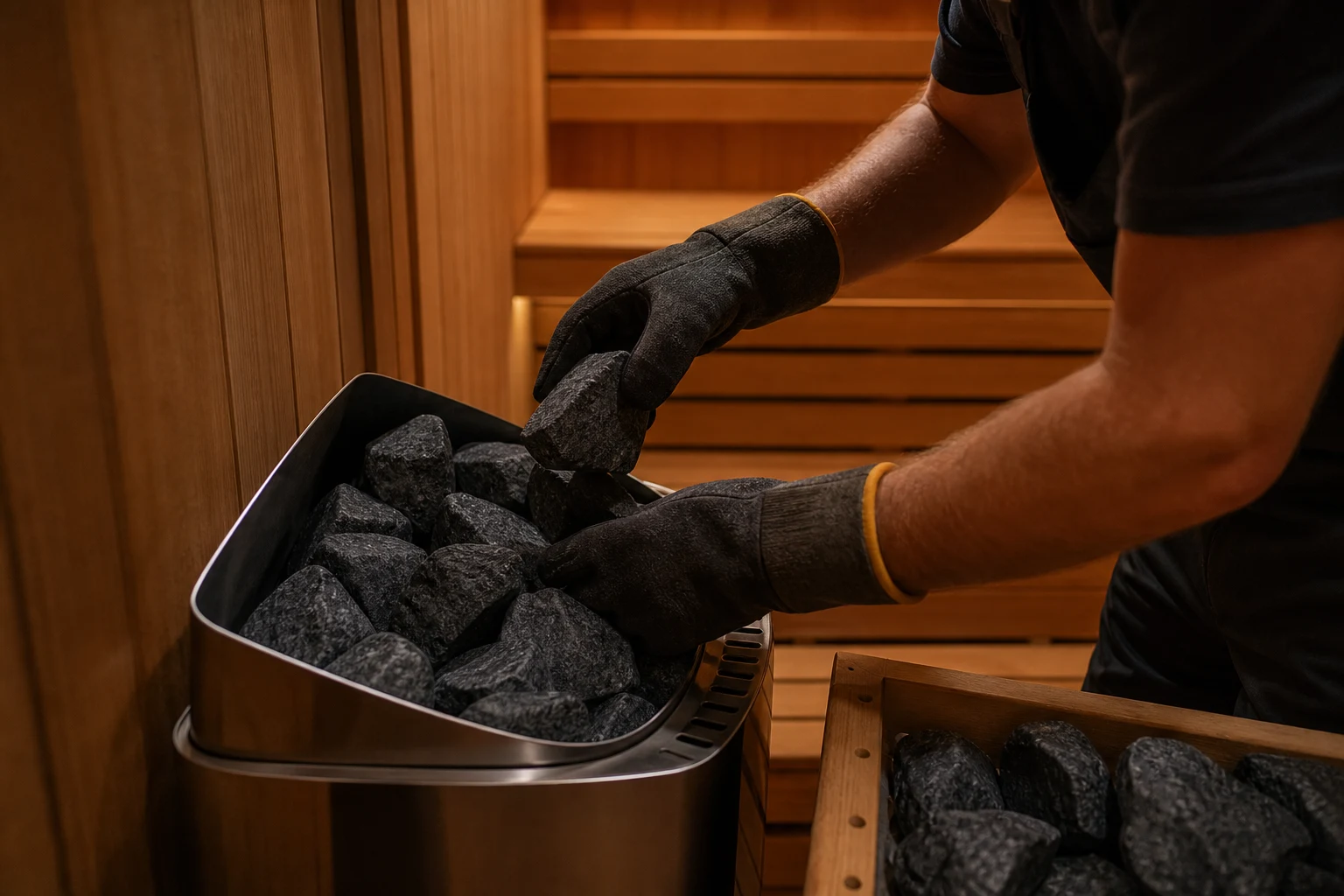 Nahaufnahme eines elektrischen Saunaofens in einer gepflegten Heimsauna, während dunkle Saunasteine von Hand locker in den Steinkorb geschichtet werden; im Hintergrund helle Holzbänke und warmes Licht