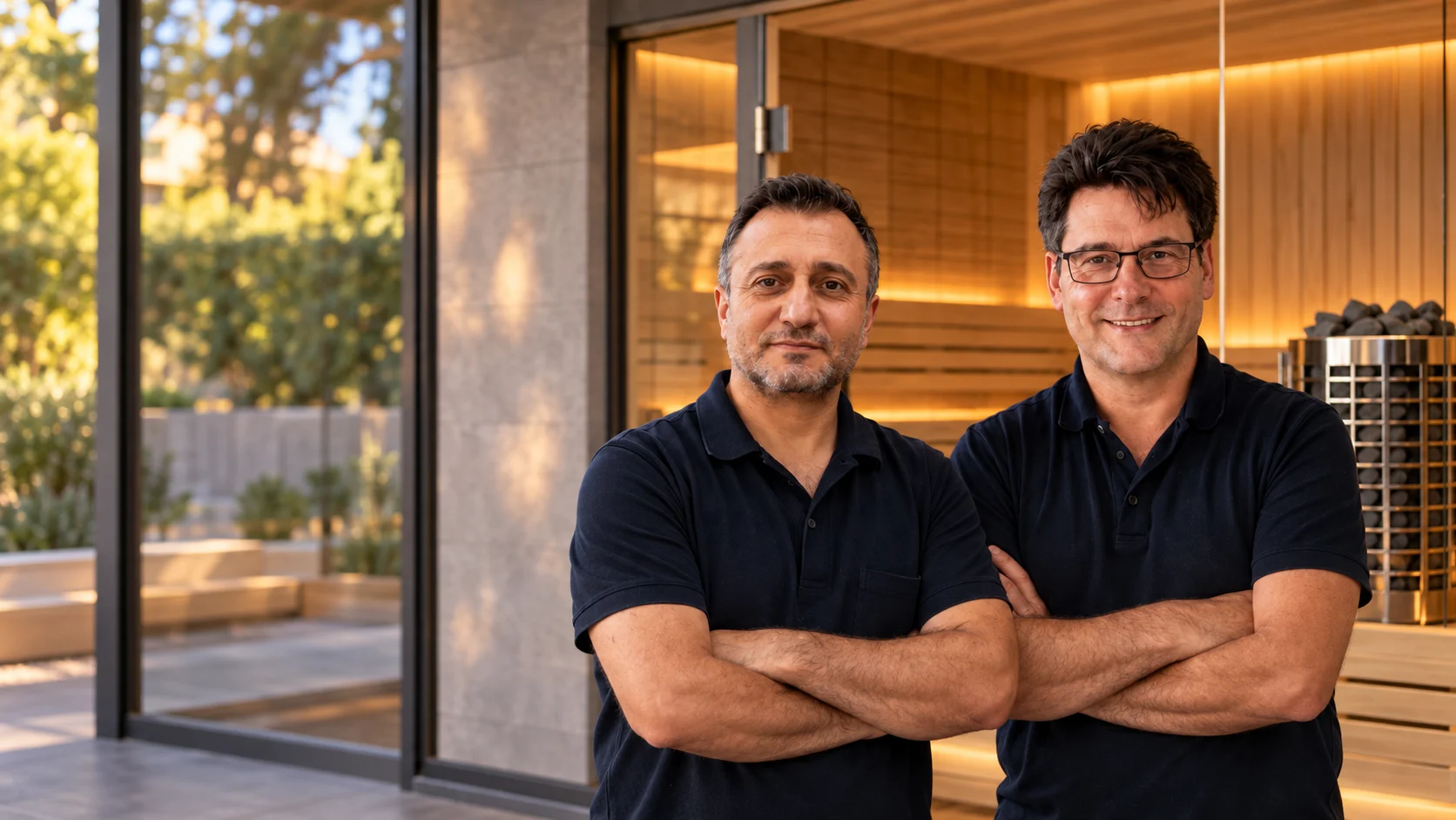Christian Klaghofer und Hamza Aslan vor einer Sauna