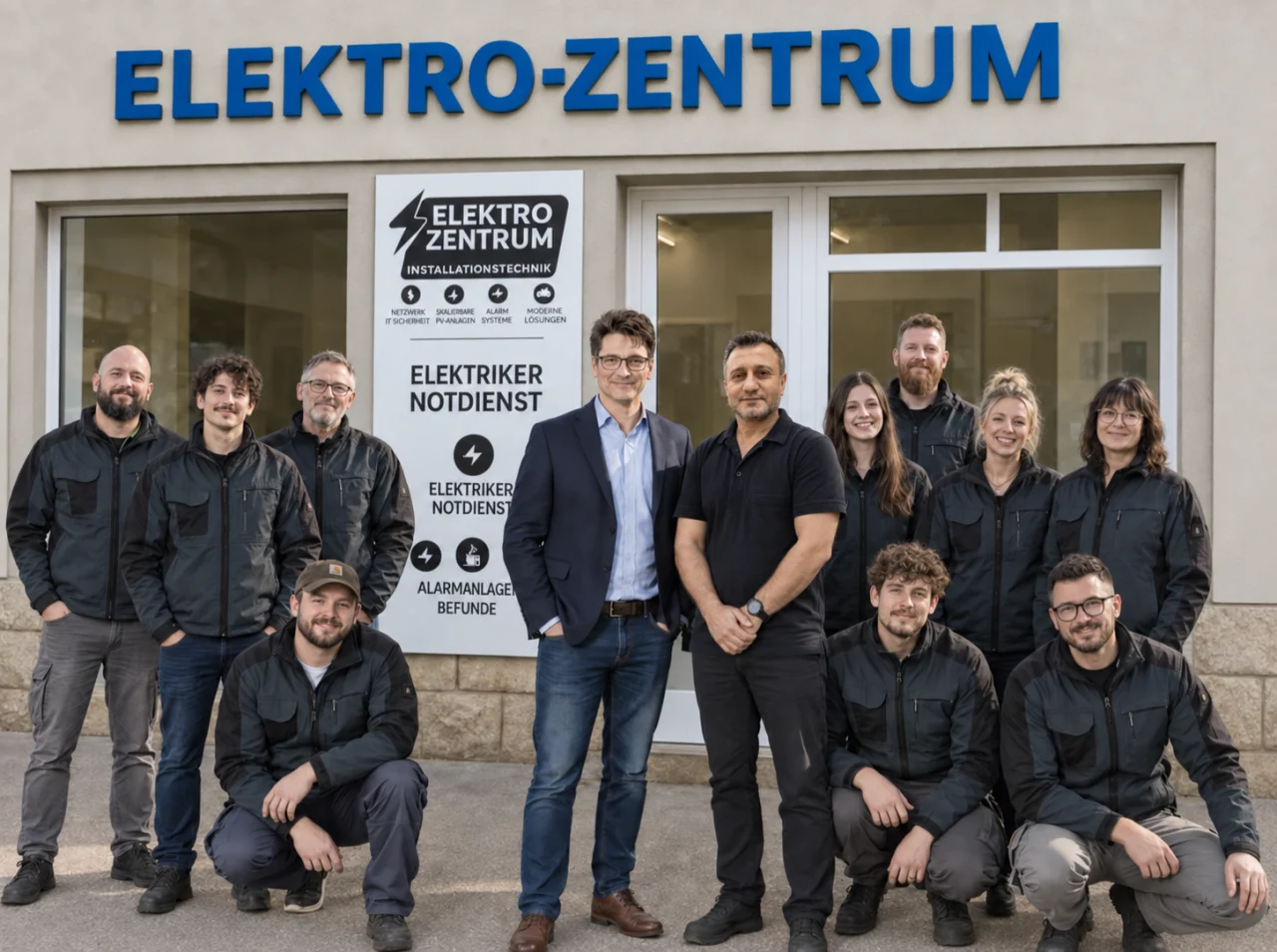 Christian Klaghofer und Hamza Aslan mit dem Team vor dem Elektro-Zentrum